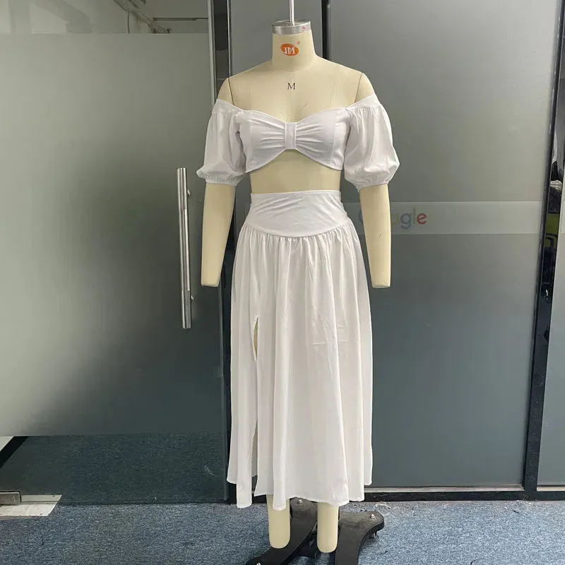 Znbbw Women Two Piece Set Summer Fashion Sexy Solid One Shoulder Top Casual Loose High Waist Pleated Slit Skirt Sets Streetwear - Image 4