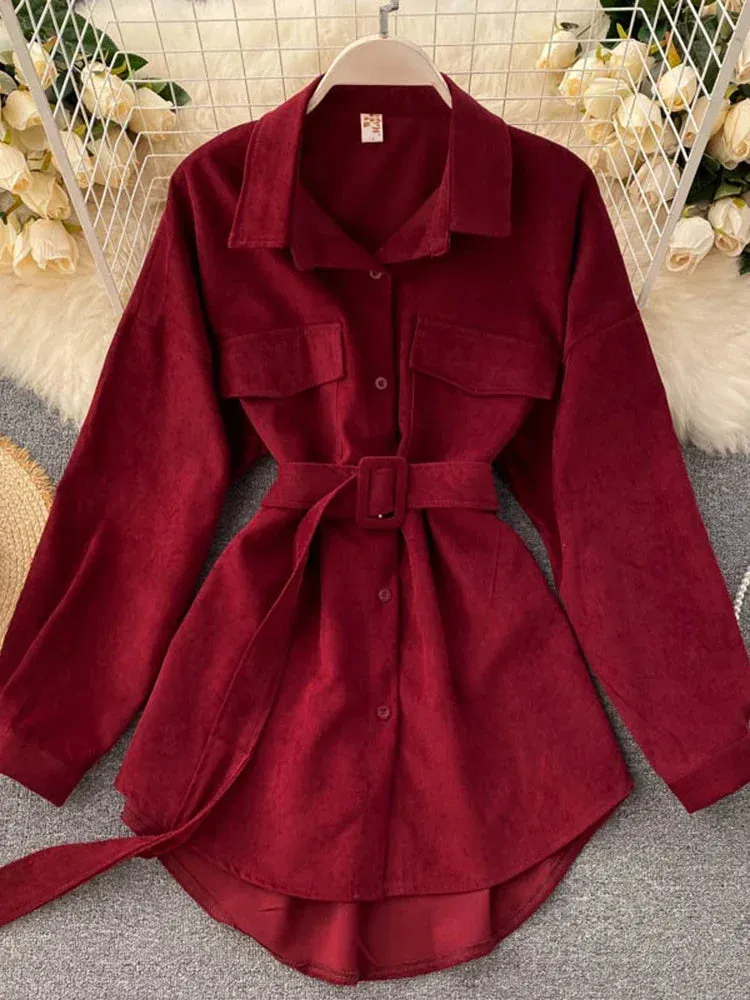 Znbbw Women Spring Autumn Shirts Retro Cargo Style Pockets Long-Sleeved Shirt Puff Sleeve Bandage Nipped Waist Tops Female PL438 - Image 3