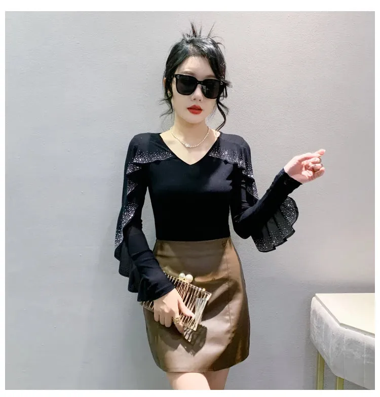 Znbbw Autumn Ringstones Ruffles Long Sleeve Mesh T-shirt Tee New Female Round Collar Sheath Tops T-shirts for women - Image 5