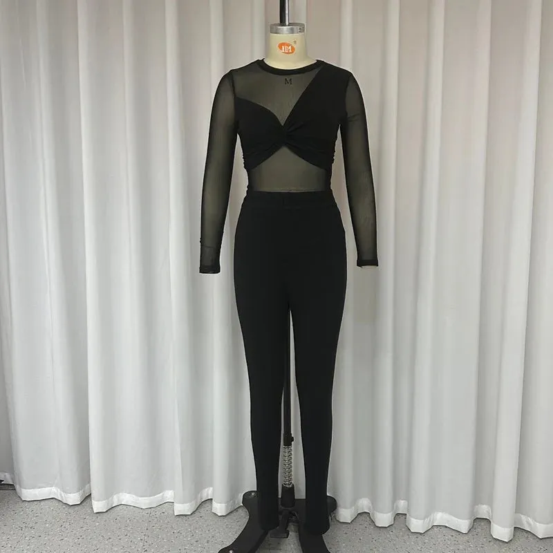 Znbbw Women Two Piece Set Autumn Winter Trasparent Sexy Patchwork O Neck Long Sleeve Top Solid Bodycon Pants Set Streetwear - Image 4