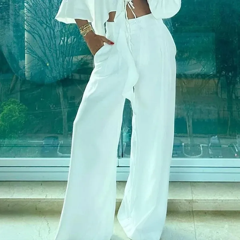 Znbbw Women Two Piece Set Autumn Fashion Solid V Neck Long Sleeves Ruffled Top Casual Loose With Pockets Pants Sets Streetwear - Image 2