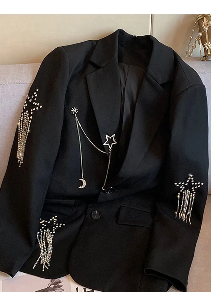 znbbw Autumn Black Casual Fashion Elegant Women's Blazer Double-breasted Chain Star Sequins Coat Gothic Jacket Streetwear Y2k - Image 2