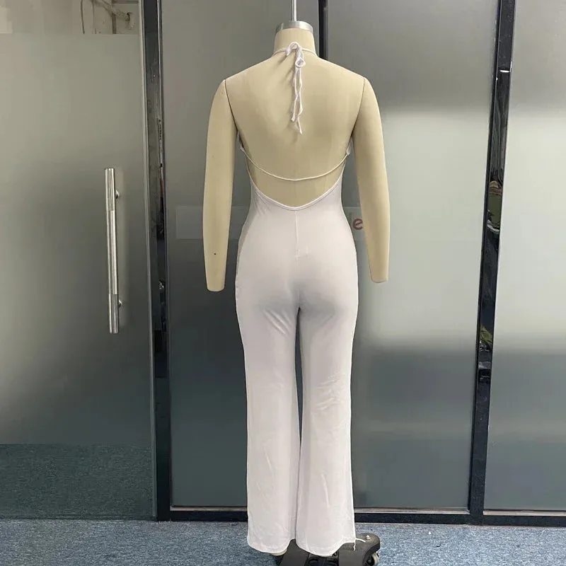 Znbbw Women Jumpsuit Fashion Sexy Halter Lace Up Sleeveless Solid Hollow Loose Wide Legs Pants Party Romper High Streetwear - Image 4