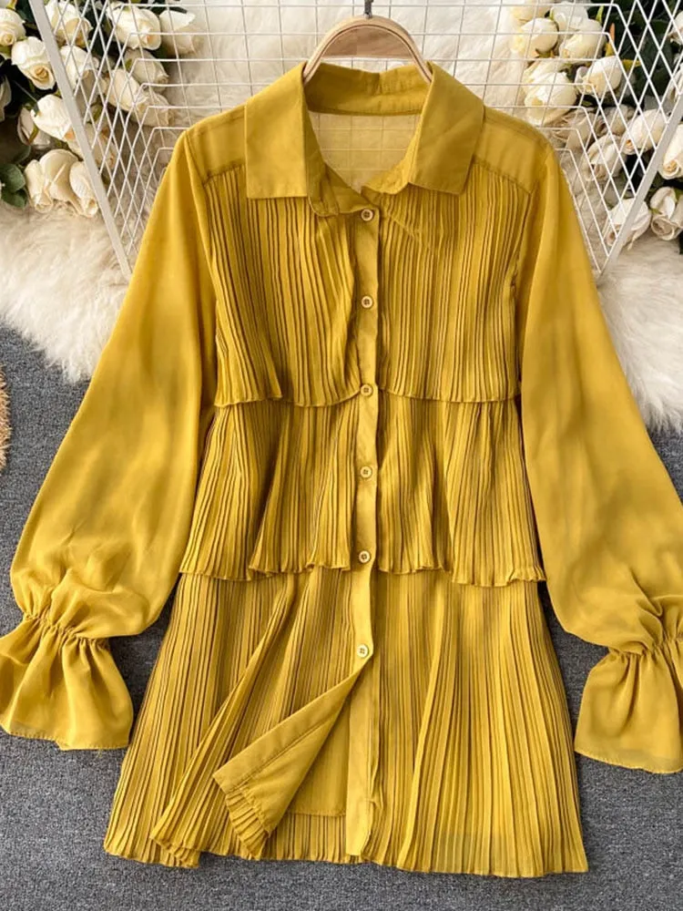 Znbbw Women's Spring Autumn Shirts New Design Niche Pleated Ruffled Mid-length Bubble Puff Sleeve Chiffon Top Female Blusa GX1044 - Image 3