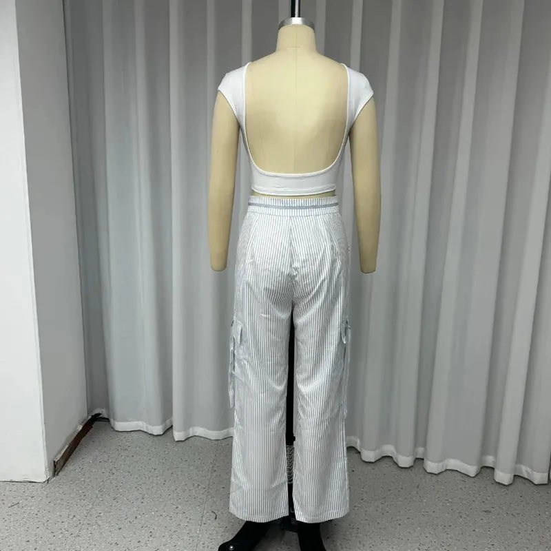 Znbbw Women Two Piece Set Summer Sexy Backless Short Sleeve Solid Top Striped With Pocket Loose Pants Set High Streetwear - Image 4