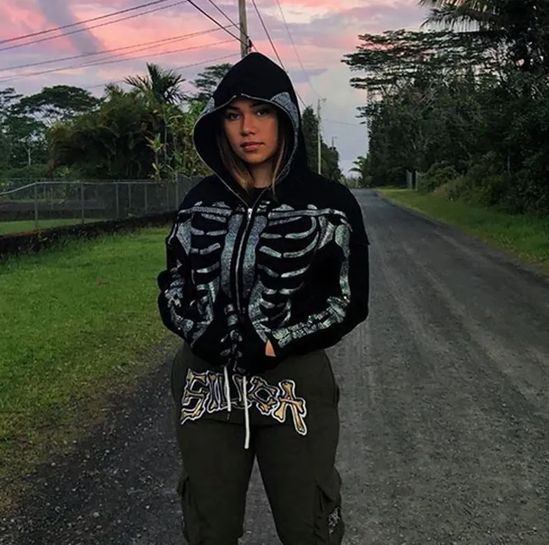 Znbbw Zip Hoodie 2023 Rhinestone Skeleton Sweatshirt Woman Sport Coat Gothic Long Sleeve Oversized Hoodie Y2k Punk Grunge Jacket - Image 3
