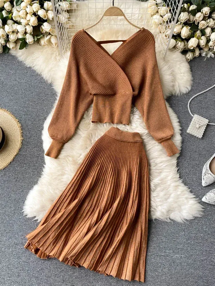 Znbbw Women Korean New Style Cross V-neck Puff Sleeve Short Waist Top + Elastic High Waist Pleated Skirt Knitting Two Piece D039 - Image 4