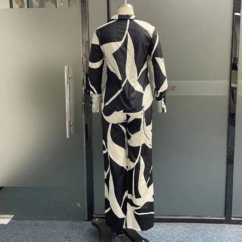 Znbbw Women Two Piece Set Casual Printed Lapel Long Sleeve Shirt Cutout IrregularTop Loose Wide Legs Pants Sets Streetwear - Image 4