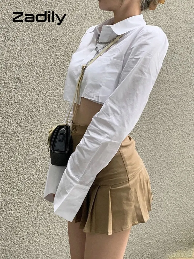 znbbw 2023 Summer Y2K Asymmetrical Long Sleeve White Shirt Women Sexy Button Slim Crop Tops Blouse Streetwear Female Clothing - Image 6