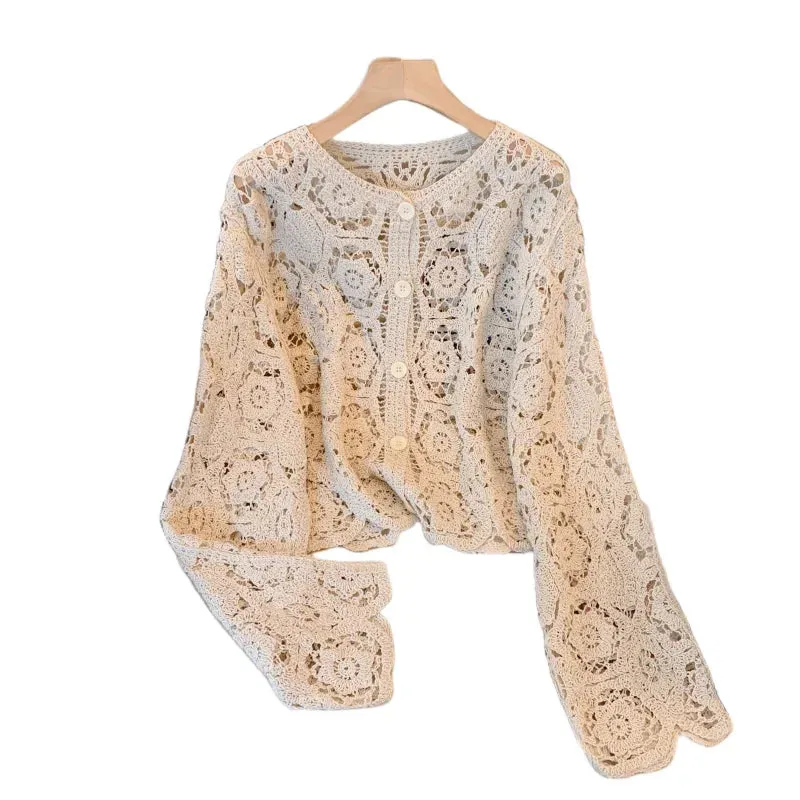 Znbbw and Autumn New Hollow Lace Knitted Cardigan Coat Women's French Holiday Style Hook Flower Sunscreen Summer Shawl - Image 4