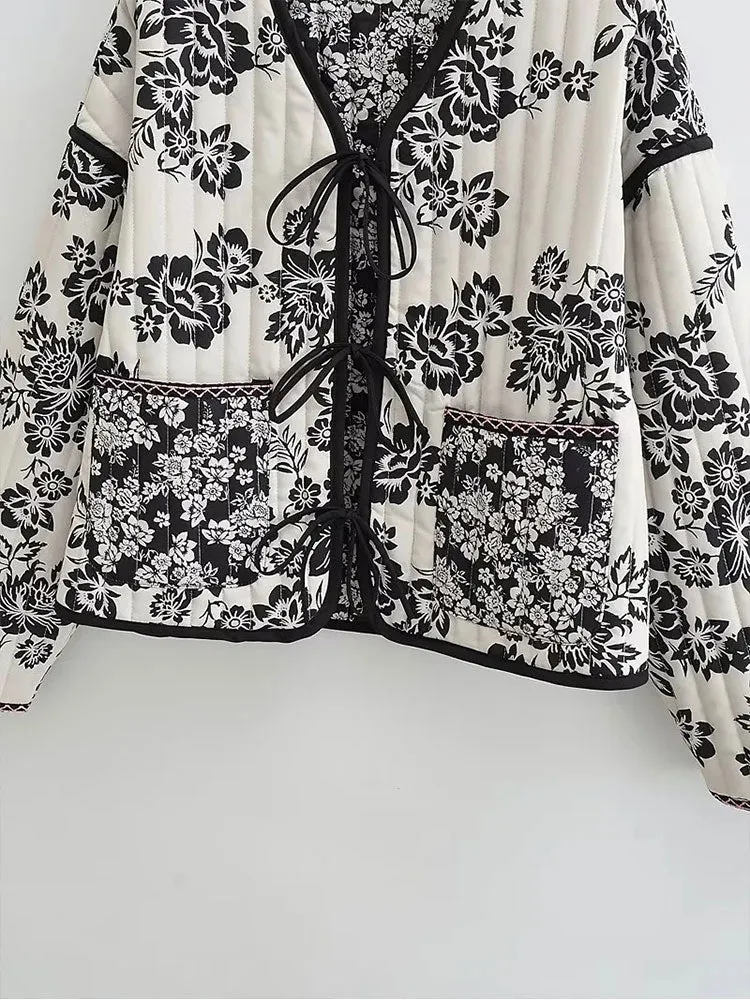 Znbbw 2023 Women Fashion Print Quilted Jacket Women Retro V Neck Tie Winter Warm Padded Jacket Female Chic Reversible Jacket - Image 5