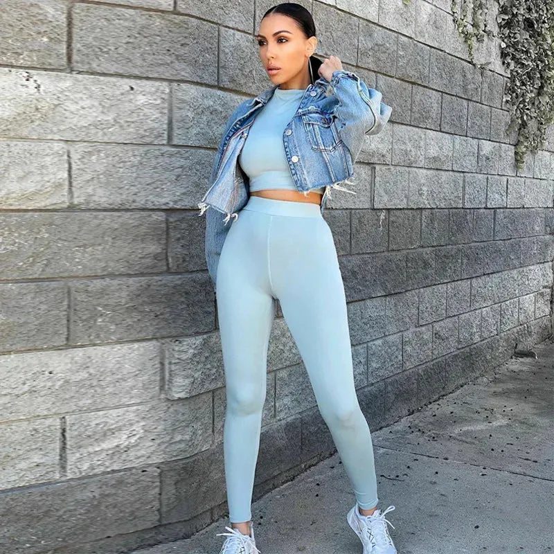 Znbbw 2-Pcs Women's Long Sleeve Sportswear Solid Color Elastic Crop Top Tight-fitting Long Pant Outfit Set - Image 5