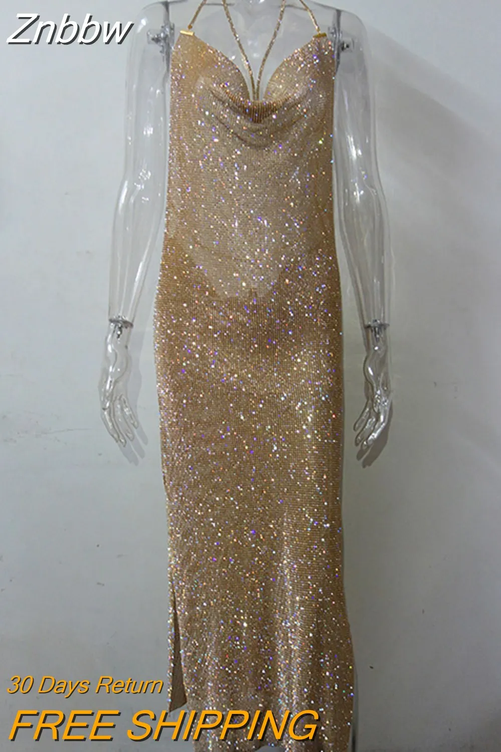 Znbbw 2023 Shine Crystal Metal Long Dress Women Backless Summer Maxi Dress Split Sexy Party Dresses Vestidos - Image 5