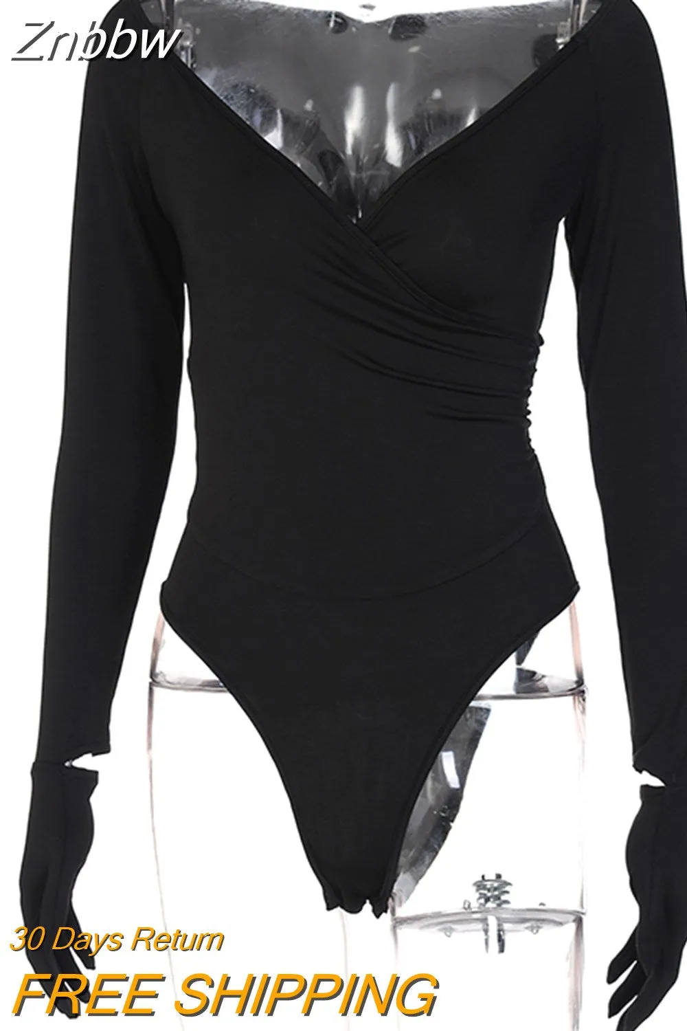 Znbbw Women Sexy Spring Autumn Long Sleeve V Neck Bodycon Black T Shirt Tops Bodysuit 2023 Fall Clothes Wholesale Items - Image 4