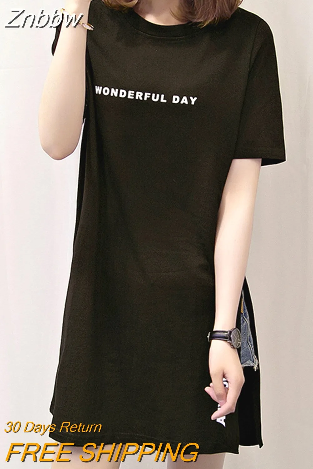 Znbbw DAY Print Long T shirts Summer Women Loose Slit Femme Tops Cotton Tshirt Short sleeve Ladies t-shirt