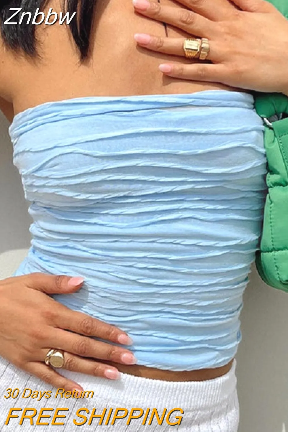 Znbbw Women Summer Cute Skinny Tube Tops Blue Sleeveless Backless Off Shoulder Ruched Bandeau Crop Tops Streetwear y2k