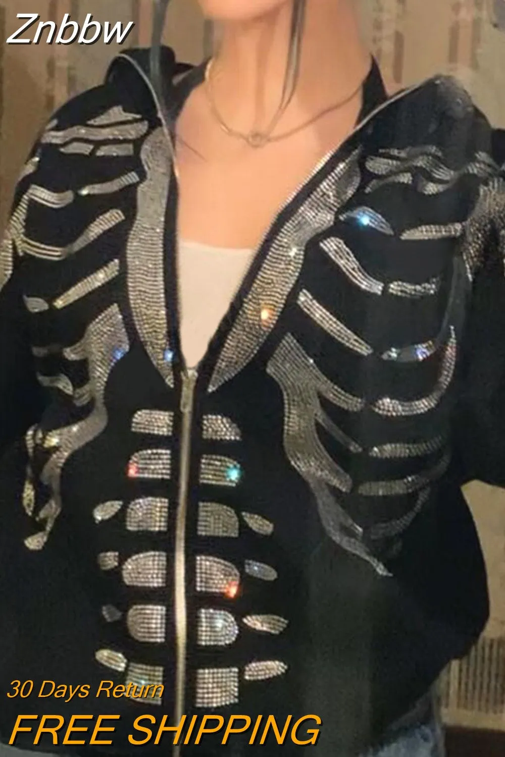 Znbbw Zip Hoodie 2023 Rhinestone Skeleton Sweatshirt Woman Sport Coat Gothic Long Sleeve Oversized Hoodie Y2k Punk Grunge Jacket