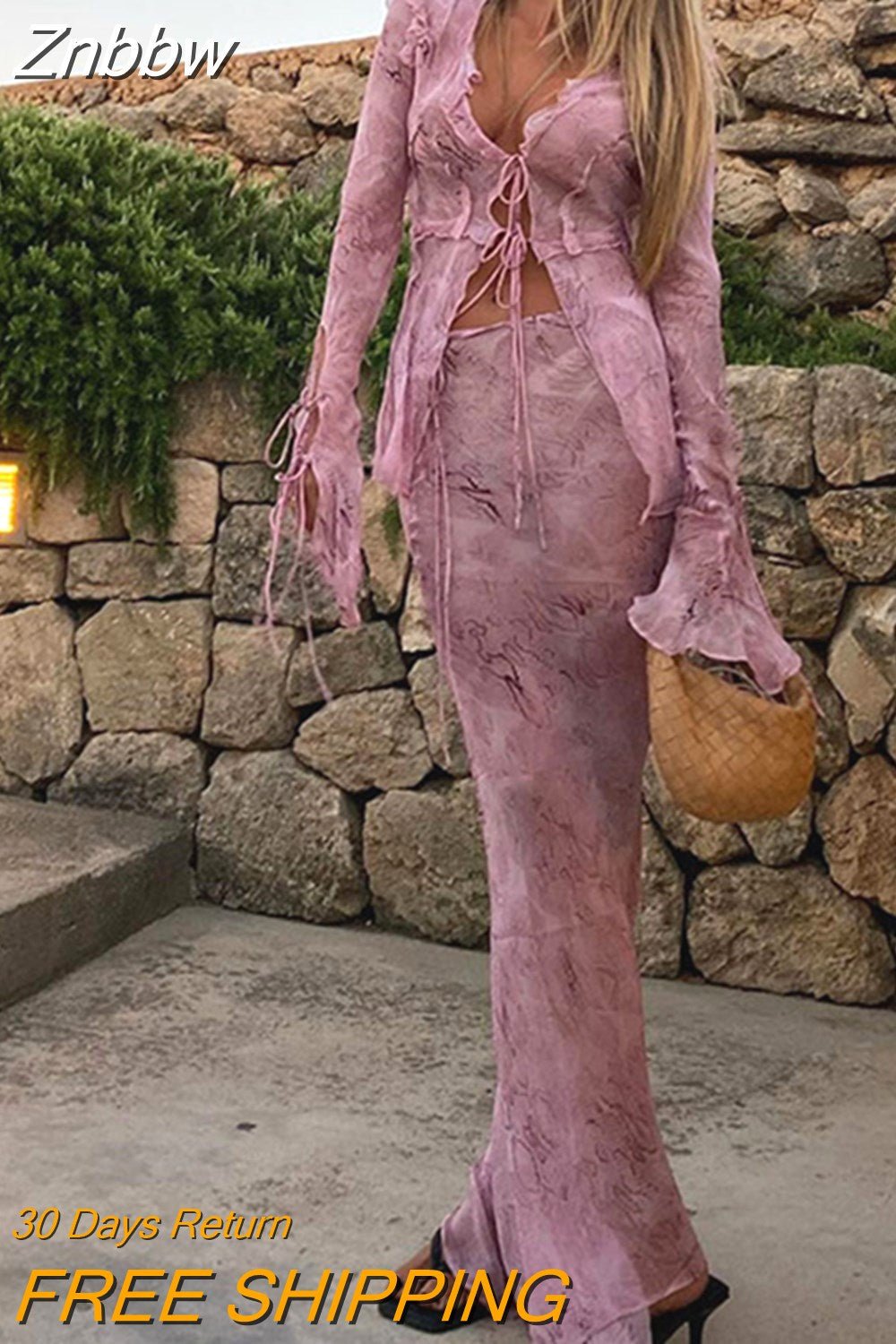 Znbbw Long Sleeve Top Maxi Skirt 2 Piece Sets Women Sexy Bodycon See Through Suit 2023 Female Beach Club Outfits