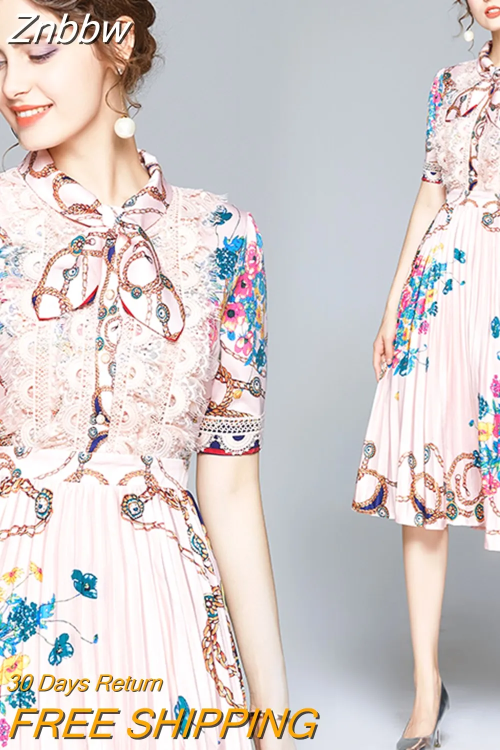 Znbbw 2023 Summer Fashion Designer Pleated Dress Women Short Sleeve Lace Patchwork Floral Print Vintage Female Midi Dress - Image 4