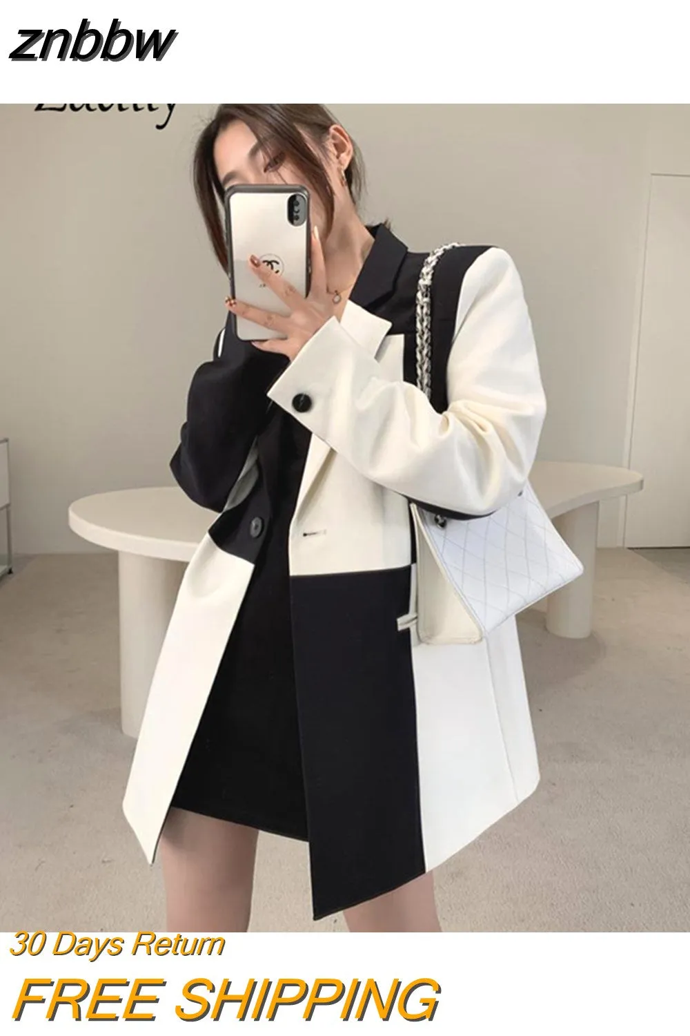 znbbw 2023 Herfst Oversize Volledige Mouw Vrouwen Lange Blazer Kantoor Dame Zwart Wit Patchwork Pak Blazer Werk Vrouwelijke Kleding Jas