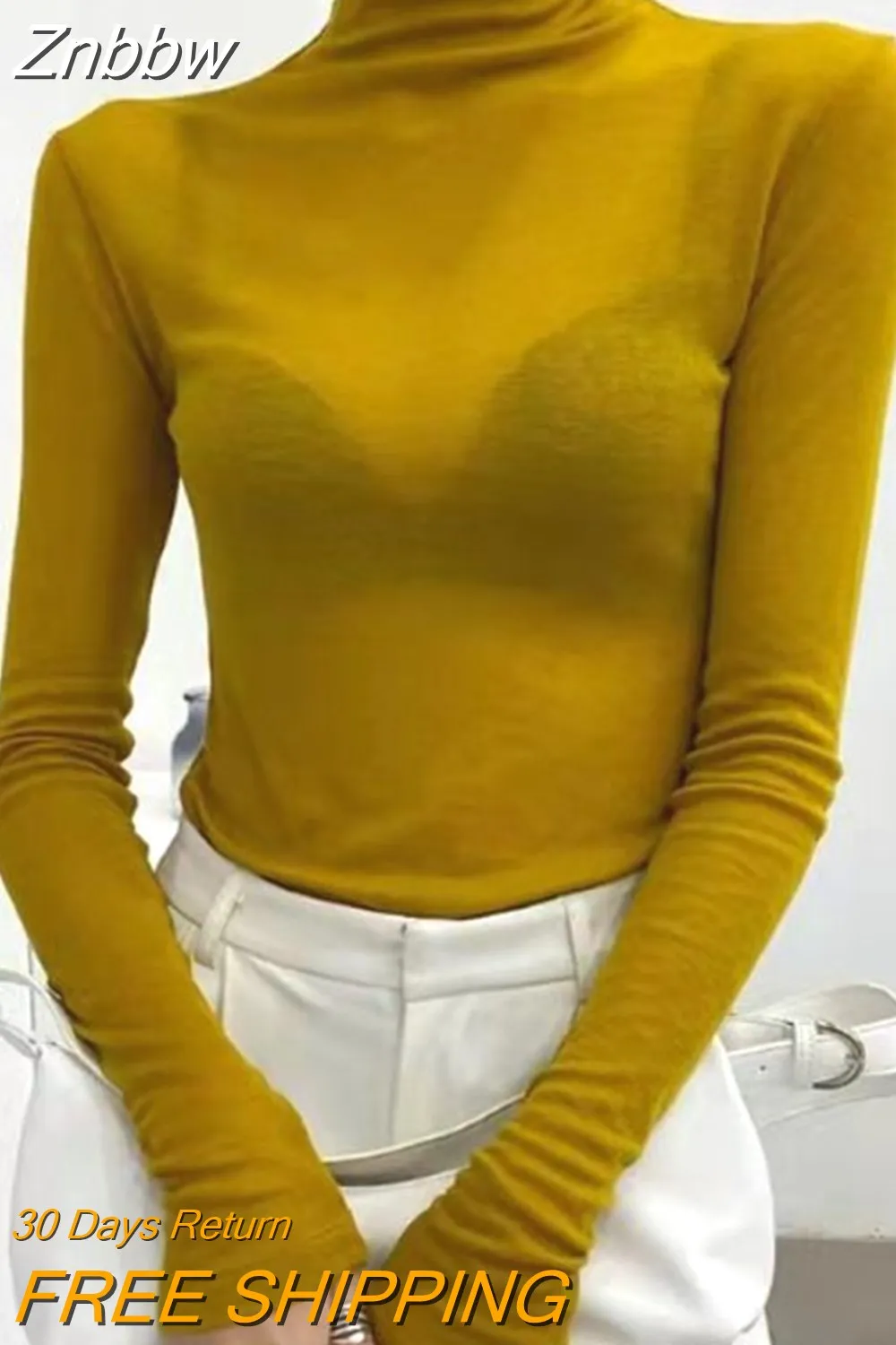 Znbbw Y2K Fashion Solid Turtleneck T Shirt Women Harajuku Sexy See Through Long Sleeve Tee Slim All-match Basic Pullover Tops - Image 4