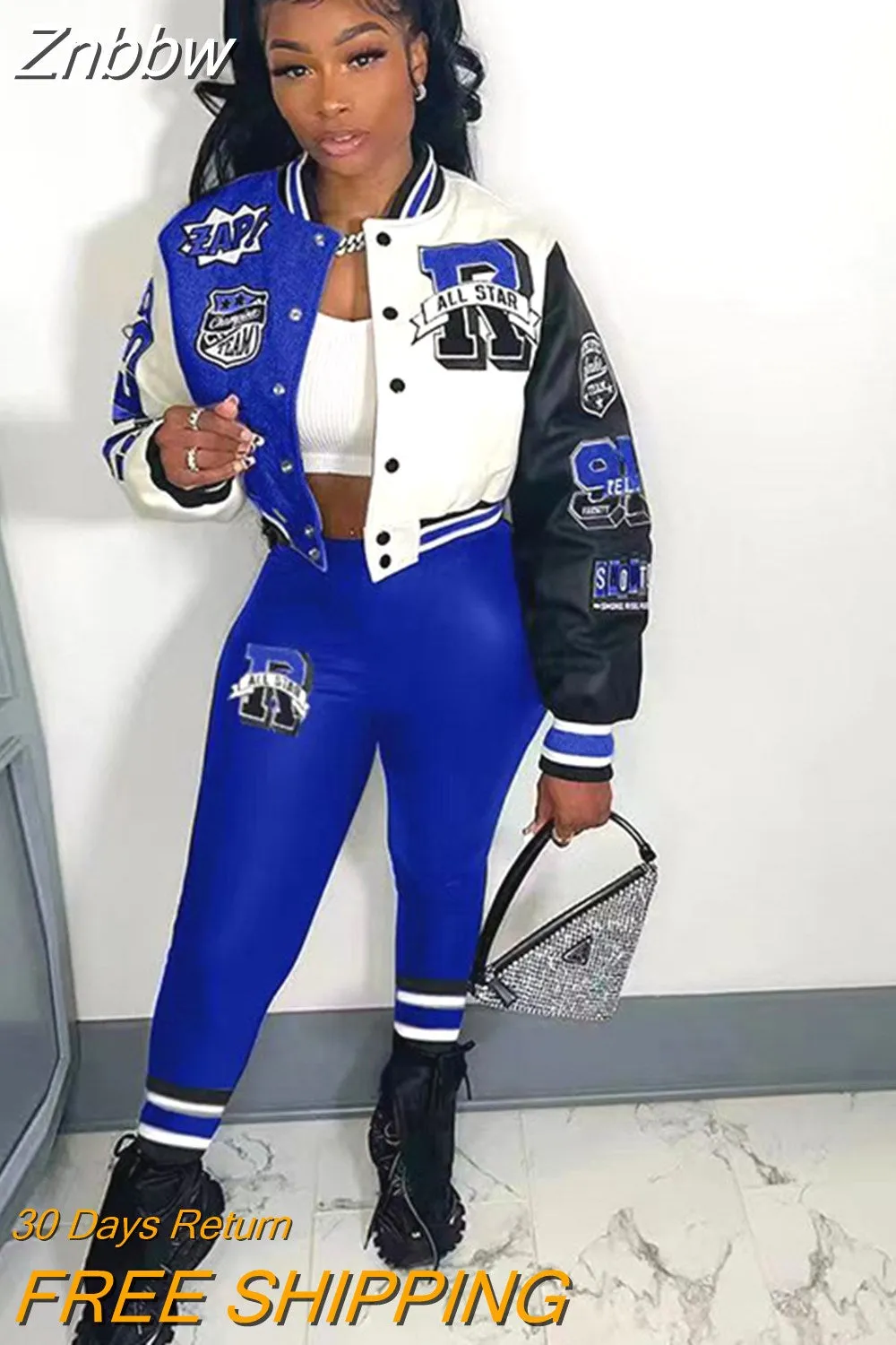 Znbbw Letter Casual Two Piece Set For Women Single Breasted Baseball Jogging Suits Full Sleeve Short Jacket Trousers Suit - Image 6