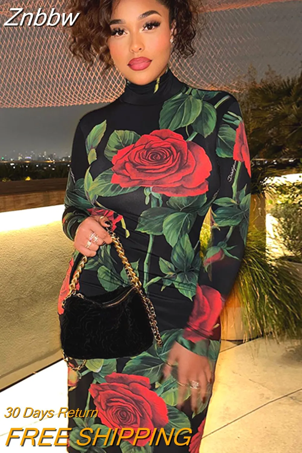 Znbbw Women Long Sleeve Bodycon Streetwear Party Club Floral Midi Dress 2023 Fall Clothing Wholesale Items For Business - Image 4