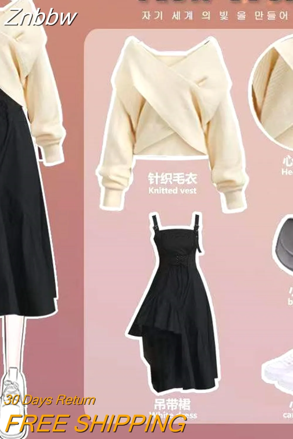 Znbbw Women's Sweet Spring Autumn Sweater Dress Suit 2023 Korean Lady Knit Sweater Dresses Set Casual Loose Outfits Two-piece Suit - Image 3