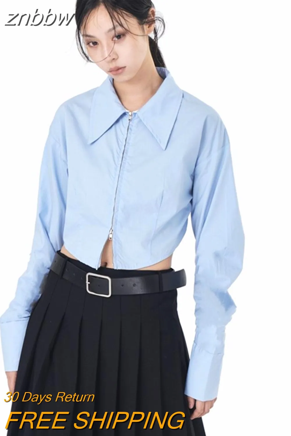 znbbw 2023 Spring Long Sleeve Women's White Shirt Streetwear Y2K Zipper Up Woman Crop Top Blouse Casual Summer Female Clothing - Image 2