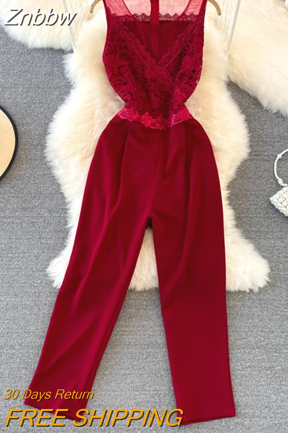 Znbbw Women Summer Jumpsuits Self-cultivation Fashionable Jumpsuit Round Neck Lace Panel Waist Tight Straight Jumpsuit Long Pant D2729 - Image 8