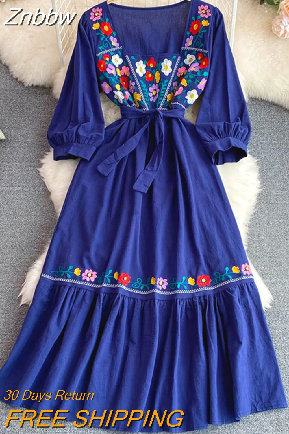 Znbbw Women Summer Dress Retro Bohemian National Style Square Collar Embroidery Seaside Holiday Big Hem Long Vestidos D2473 - Image 7