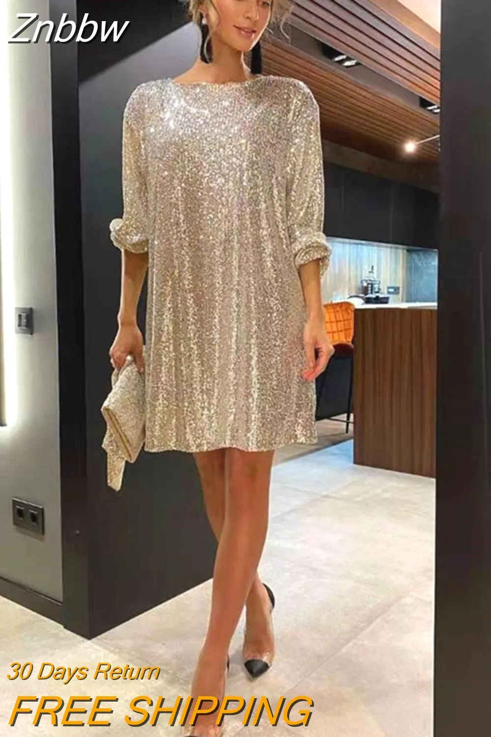 Znbbw Autumn Fashion Light Gold Sequined Gitter Sexy Bodycon Mini Dress Women O Neck Long Sleeve Lace Up Evening Party Dresses - Image 4