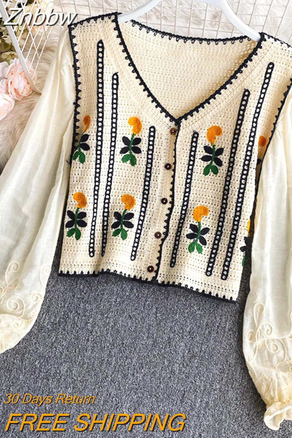 Znbbw Crochet Hollow Embroidery V-neck Long Shirt Female Spring and Autumn Temperament Sweet and Wild Short Girl Blouse UK078 - Image 5