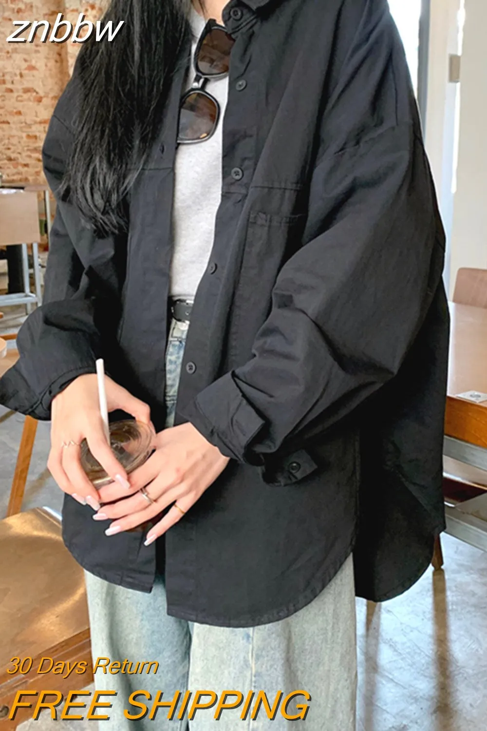 znbbw 2023 Summer Unisex Long Sleeve Oversize Women White Shirt Korea Style Button Up Pocket Woman Blouse Female Clothing Tops - Image 2