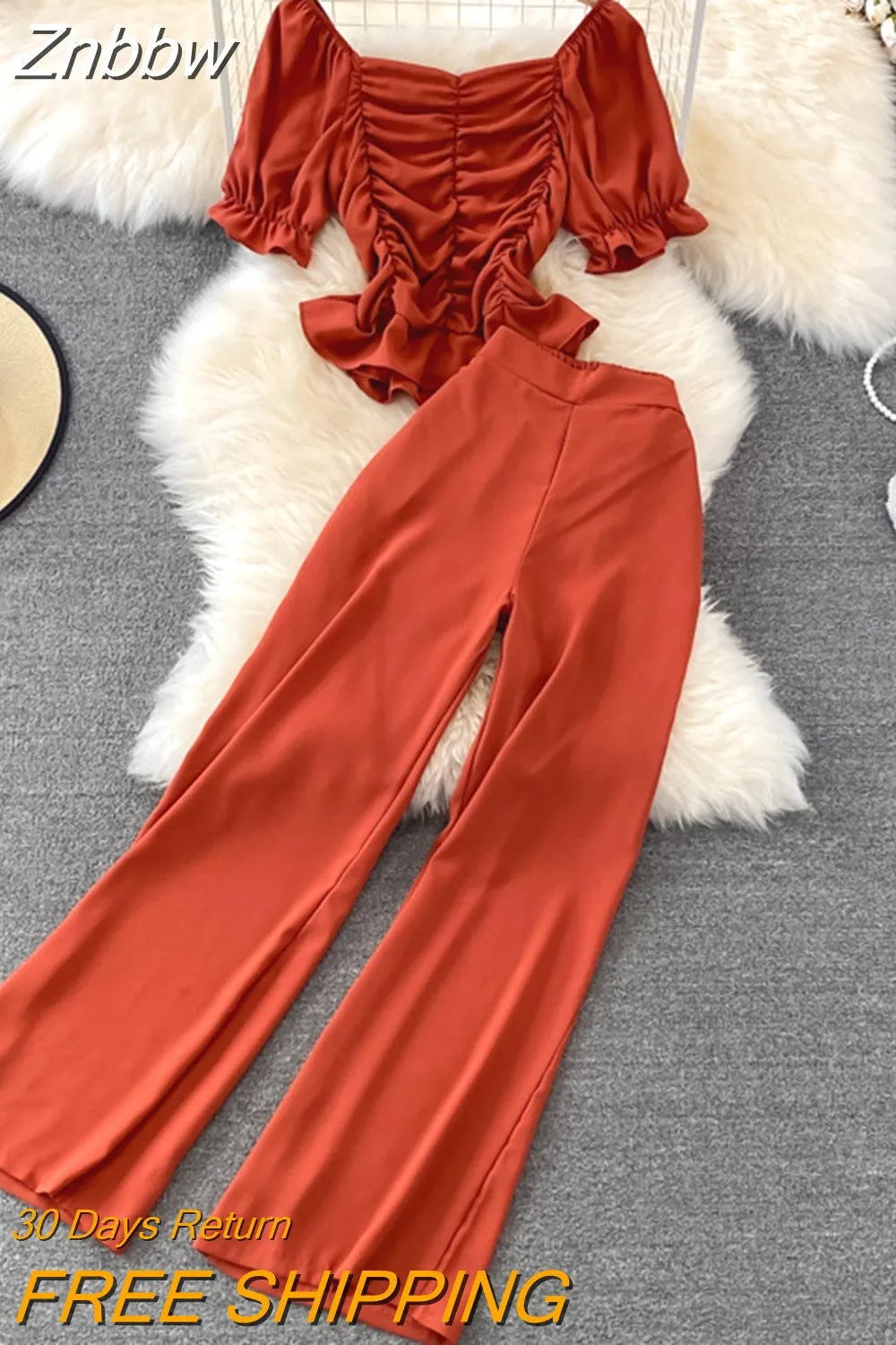 Znbbw Women Summer Fashion Casual Pants, High Waist Drape Wide Leg Pants, Square Collar Short Slim Blouse Two-piece Suit Female D0544 - Image 9