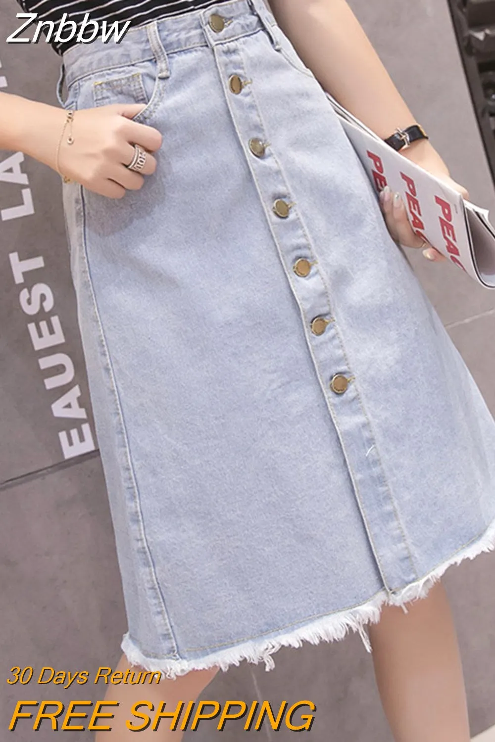 Znbbw Women High Waist Denim Skirts Fashion Chic Breasted A-Line Skirts Elegant Ladies Streetwear Tassel Casual Skirts Faldas Mujer - Image 2