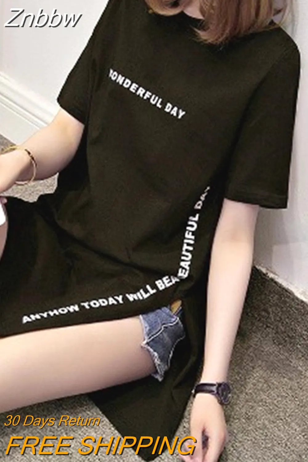 Znbbw DAY Print Long T shirts Summer Women Loose Slit Femme Tops Cotton Tshirt Short sleeve Ladies t-shirt - Image 4