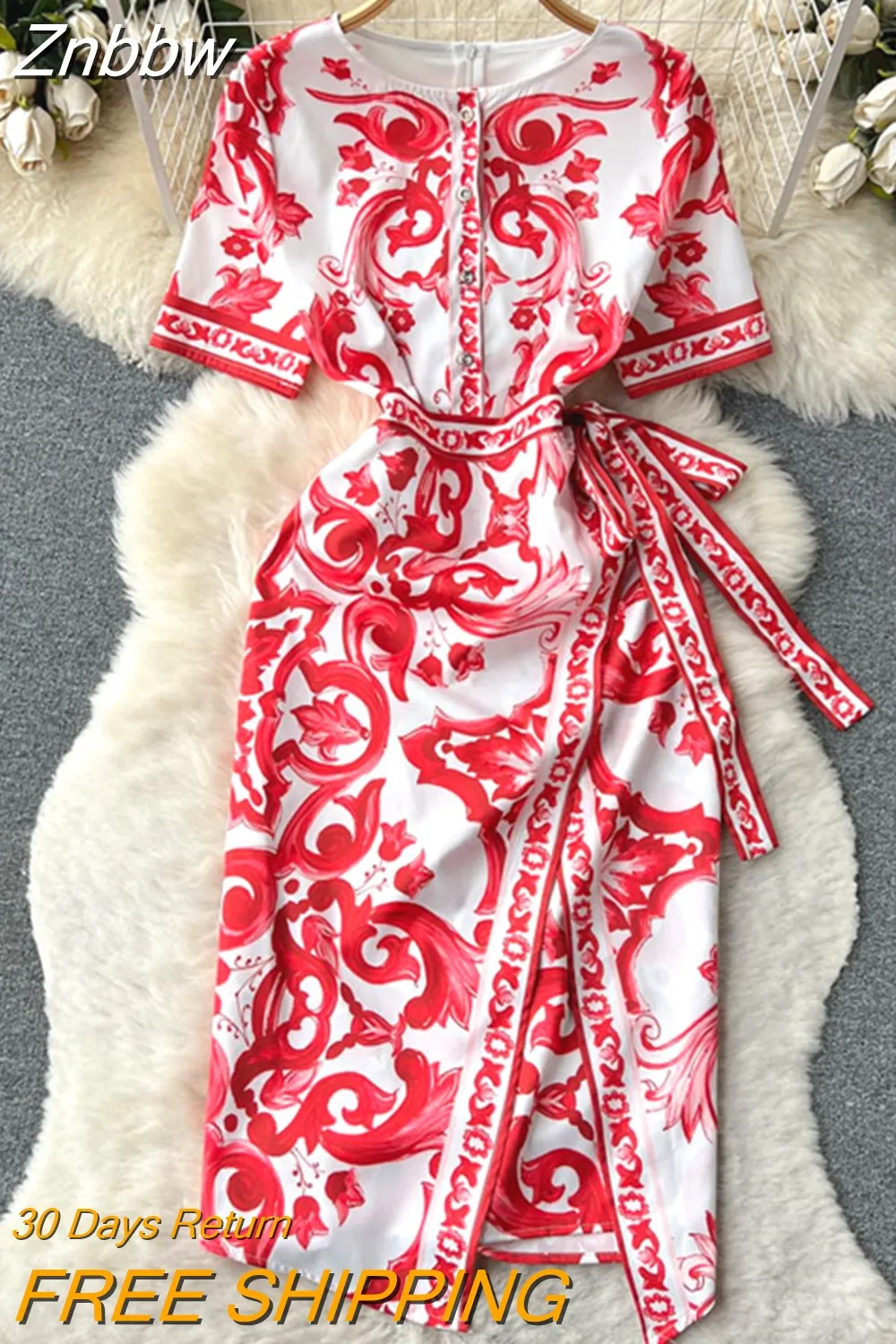 Znbbw 2023 Summer Blue and white porcelain Midi Dress Women's Round Neck Short Sleeve Lace Waist Slim Package Hip Dress - Image 6