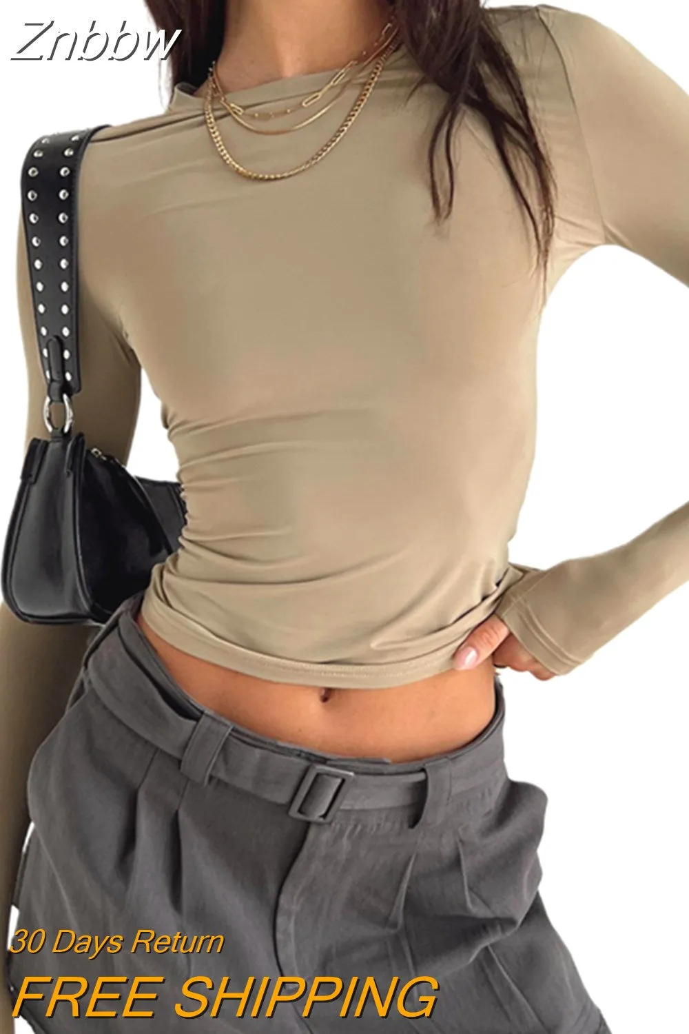 Znbbw Autumn Casual T-Shirts For Women Long Sleeve Stretchy O-Neck All-Match Slim Fit Pullover Crop Tops y2k Clothes - Image 6