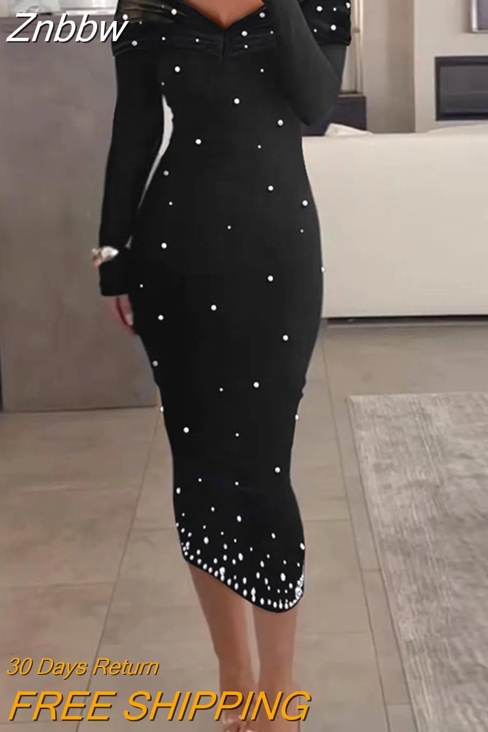 Znbbw Women's Autumn Long Sleeved Wrap Hip Dresses Black Lace Patchwork Hollow Party Dress Fashion Slash Nneck High Waist Tight Dress - Image 4