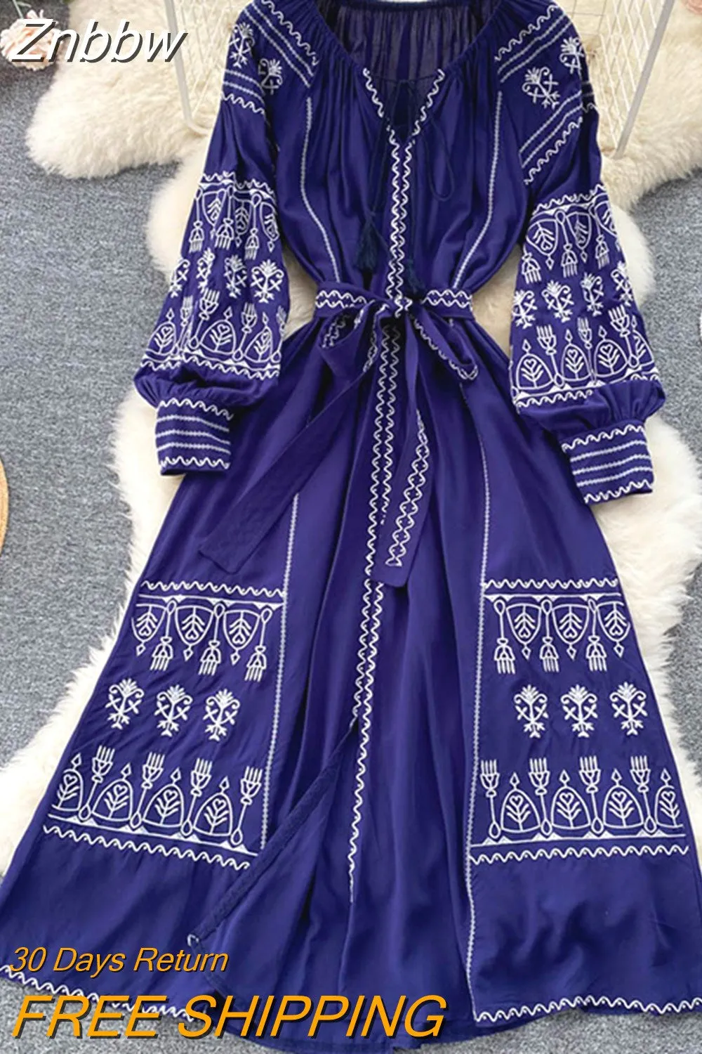 Znbbw Autumn French Vintage Long Sleeve Embroidered Dress Feminine High Waist Slit Long Swing Dresses for Women GD694 - Image 4