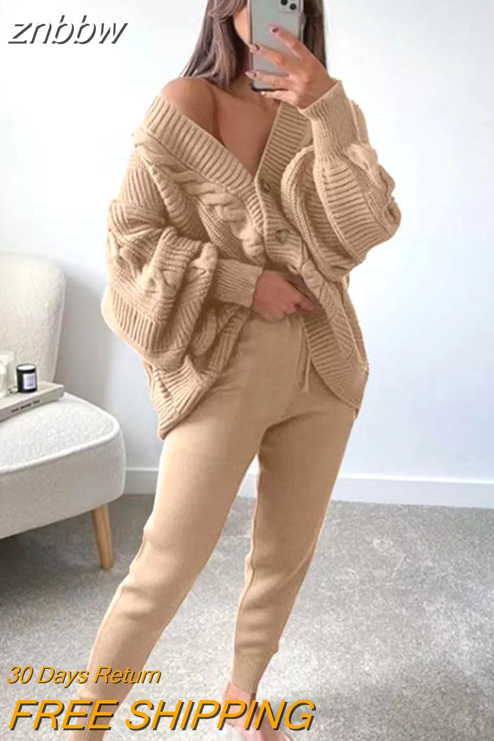 znbbw Women Knitting Two Pieces Sweater Suit Hemp Flower V-Neck Single-Breasted Cardigan + Pants Lady Winter Casual Sweater Set - Image 6