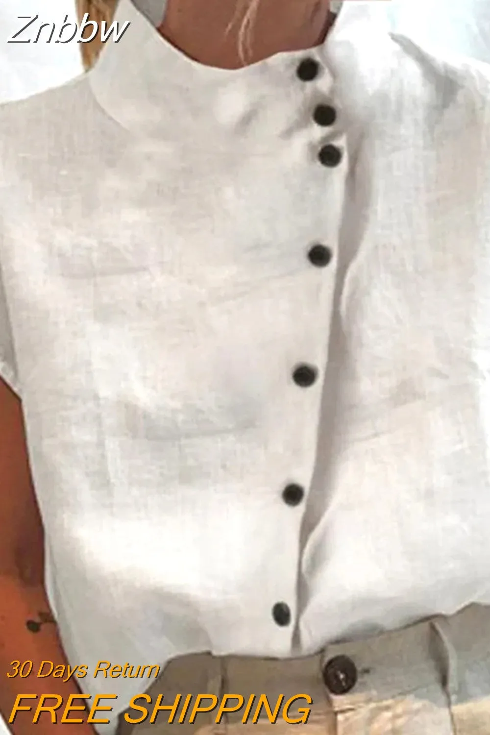 Znbbw Women Solid Hollow Out Tops Summer Turtleneck Cotton Linen Breathable Blouses Casual Loose Short Sleeve Office Shirt Pullover - Image 2