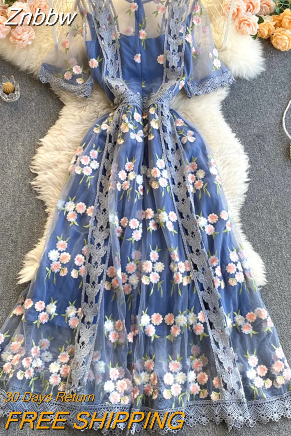 Znbbw Summer Runway Flower Embroidery Dress Women's Flare Sleeve Stand Floral Blue Hollow out Embroidered Long Mesh Dresses