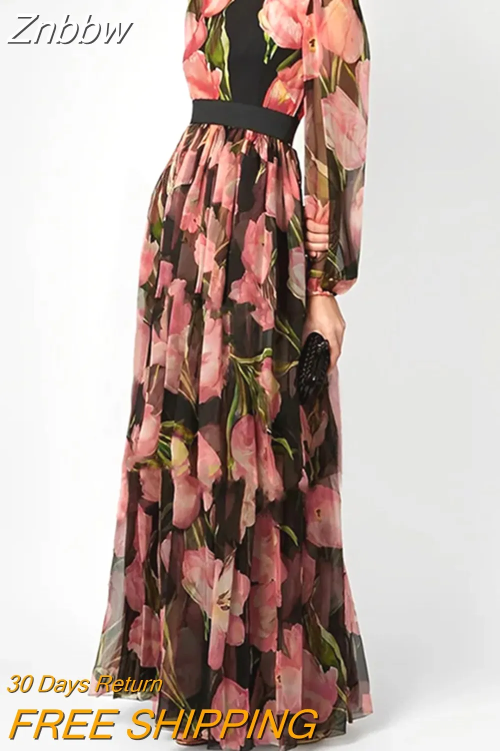 Znbbw Women's O-Neck Pleated Robe Dress Casual Autumn Long Sleeve Bohemian Dresses Red Flower Print High Waist Banquet Dress