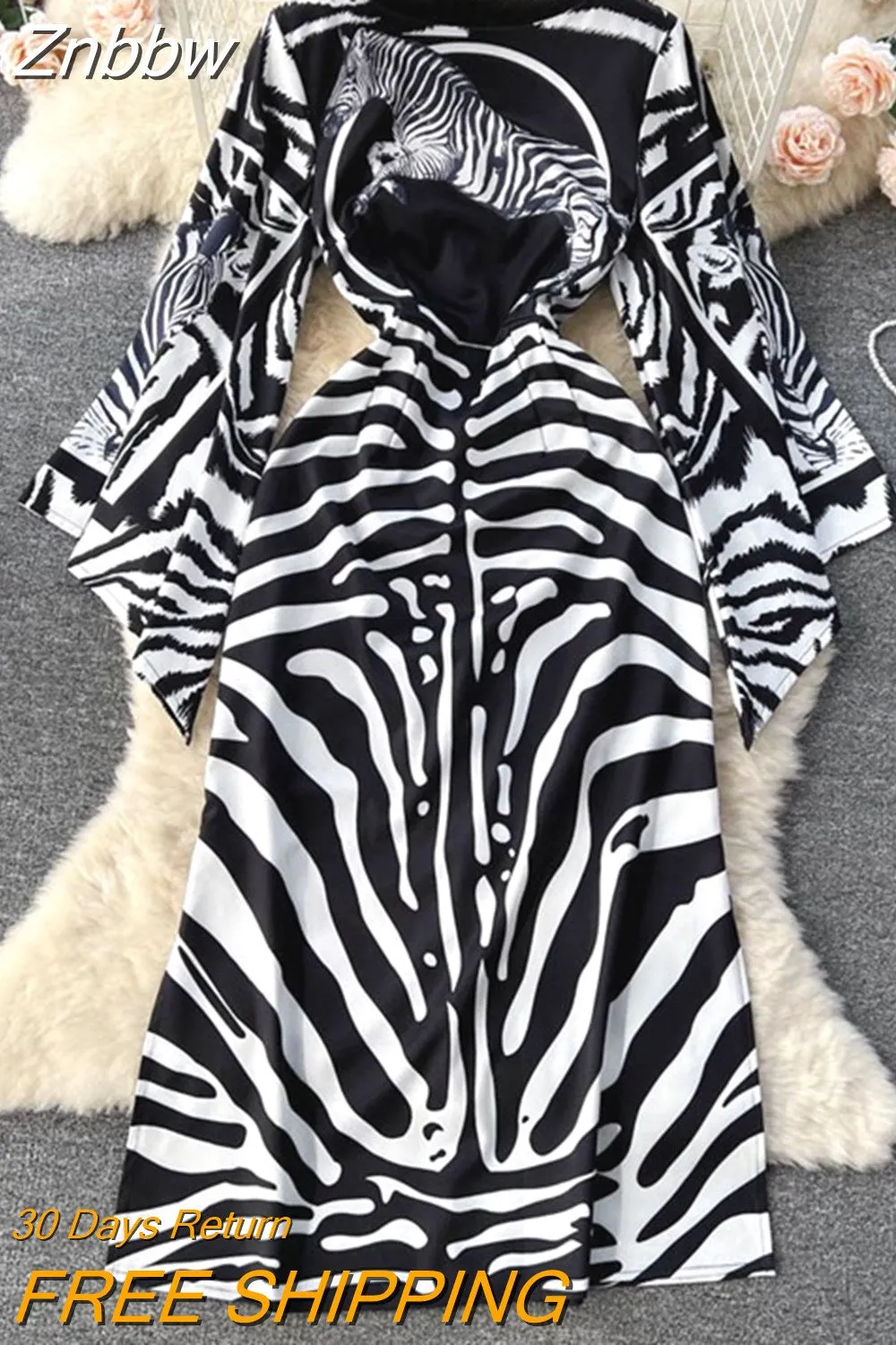 Znbbw Women Sexy Slim O-Neck Dress Summer Fashion Black and White Zebra Print Dresses Female Vintage Flare Sleeve Dress - Image 3