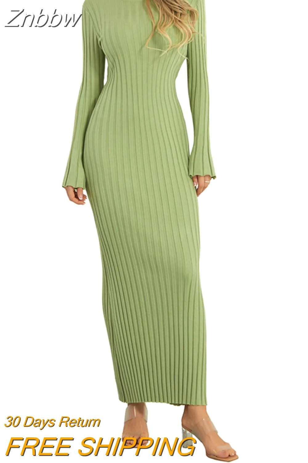Znbbw Women's Knit Ribbed Long Dress Long Sleeve O Neck Wrapped Pencil Dress robe femme vestidos de mujer casual elegante - Image 8