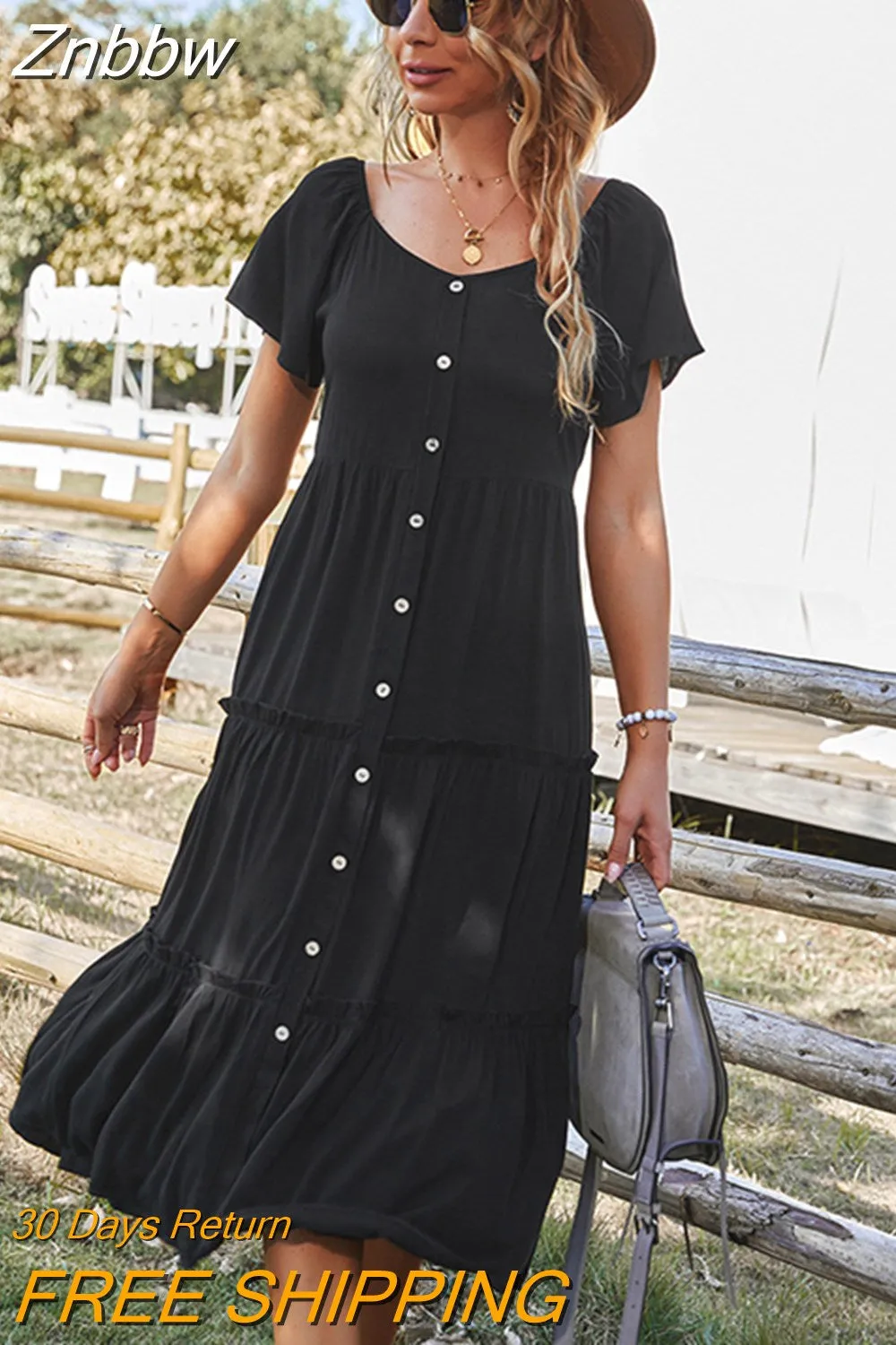 Znbbw Women Summer Dress 2023 Kaftan Solid Buttons Dress For Women Casual Short Sleeve Midi Vestidos Female High Waist Cotton Dresses - Image 5