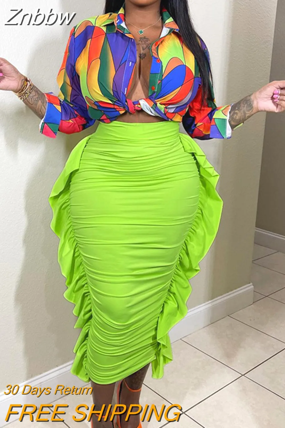 Znbbw Women Fashion Streetwear High Waisted Pleated Green Pencil Midi Skirt 2023 Summer Clothes Wholesale Items For Business - Image 5