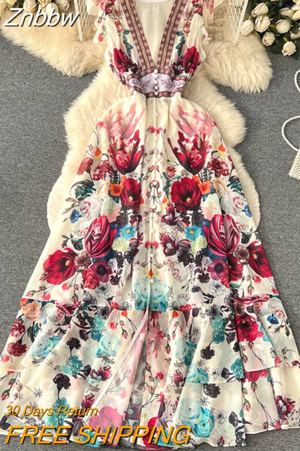 Znbbw Fashion Runway Gorgeous Flower Chiffon Cascading Ruffles Dress Women Deep V Neck Sleeveless Floral Print Boho Robe Vestidos
